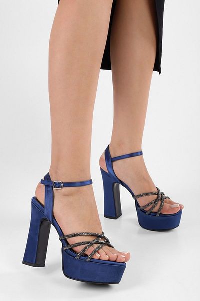 Shoeberry Pantofi cu toc cu platformă din satin albastru bleumarin Mersea de damă