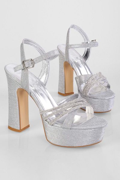 Shoeberry Dámské boty na podpatku na platformě Zulu Silver Glittered Stone