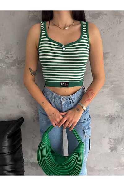 Noa Noa Striped Button Detailed Crop Tank Top