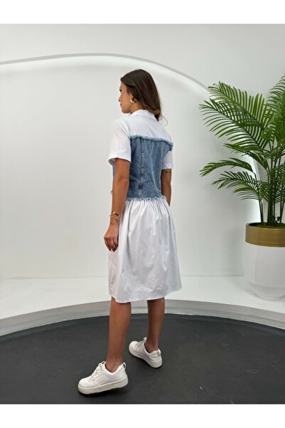 Elif Özbey Butik Beyaz Jean Korse Detaylı Gömlek Elbise