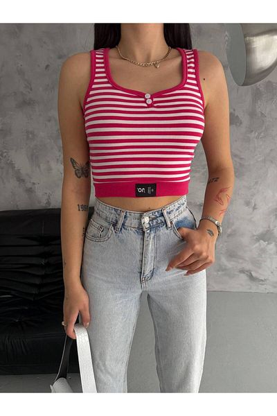 Noa Noa Striped Button Detailed Crop Tank Top