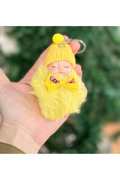 QUEEN AKSESUAR كرة فروي قطيفة صفراء - مع طفل وسلسلة مفاتيح وقبعة نوم