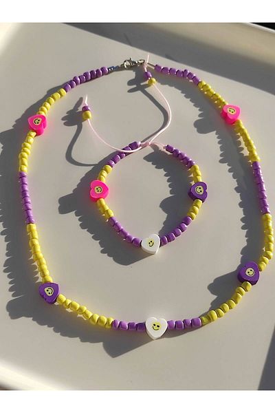 Amabel Jewelerys Heart Figured Colorful Necklace and Bracelet Children's Set