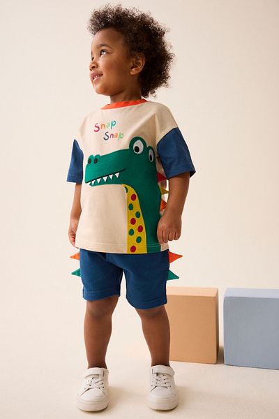 Next Baby Dinosaur Patterned 100% Cotton Blue Shorts Set - Short Sleeve