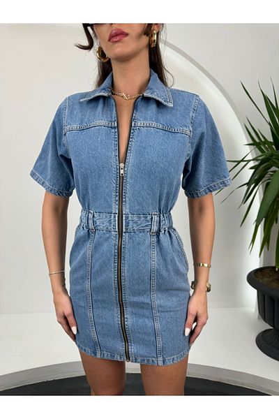 Elif Özbey Butik Rochie din denim cu fermoar în față cu talie elastică
