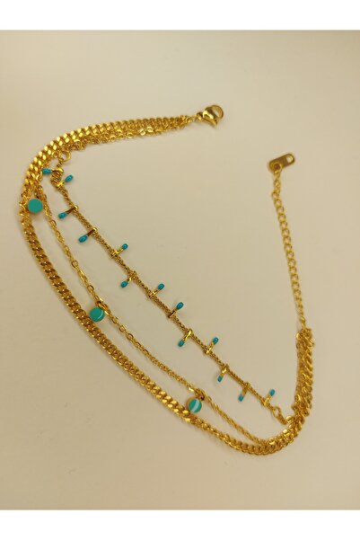 Romea Turkuaz Taşlı Çoklu Zincir Paslanmaz Çelik Halhal