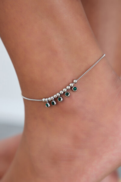 Lina Tia Kadın Kare Halat Zincirli Boncuk Zümrüt Yeşil Kristal Zirkon Taşlı Model Gümüş Kaplama Çelik Halhal