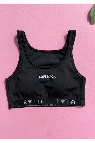 VicTroy Black Color Diving Fabric Undershirt with Detachable Pad Thick Strap U-Neck Text Detail 64V45