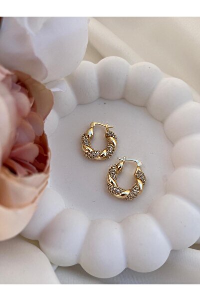 İREM YILDIZ Zirkon Taş Detaylı Gold Düğüm Küpe