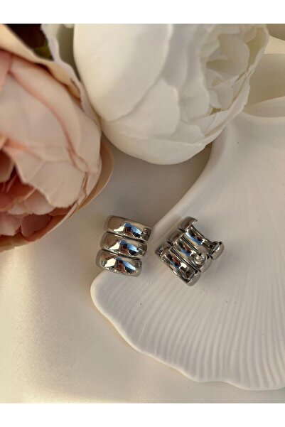 İREM YILDIZ Çelik Vintage 3'lü Oval Gümüş Kadın Küpe