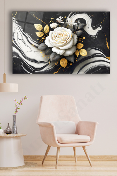 duvarsanatı Αφηρημένος πίνακας από ασπρόμαυρο χρυσό τριαντάφυλλο, μοντέρνα δι...