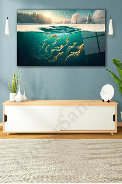 duvarsanatı Apstraktna slika na staklu sa zlatnom ribom, moderna dekoracija z...