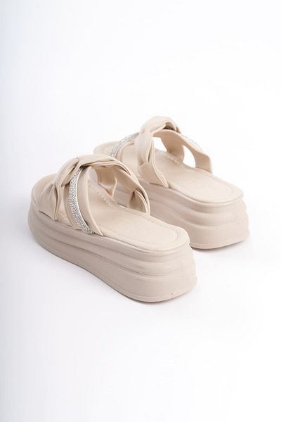 Joy Woman FREJA Flat Heeled Ribbon Patterned Rhinestoned Thick and Orthopedic Sole Women's Slippers KT Cream