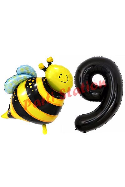 Parti Station Bee Bee Concept 9 Years Old Balloon Set Bee Balloon and Black Number Balloon Birthday Balloon Set