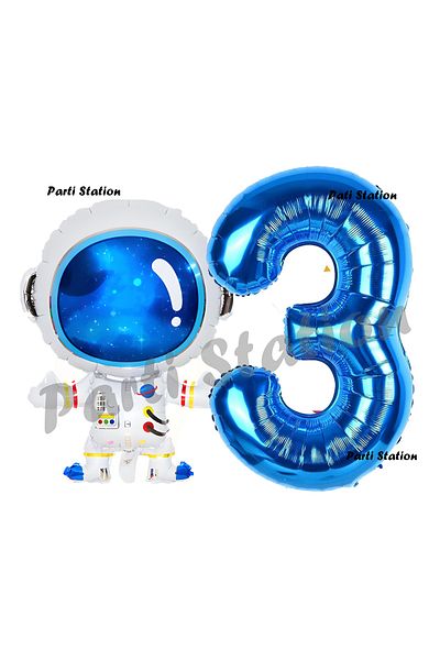 Parti Station Space Astronaut Concept 3 Years Old Balloon Set Space Astronaut and Navy Blue Number Balloon Birthday Balloon Set