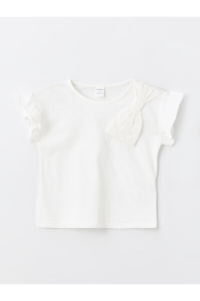 LC Waikiki Kids Ekru Bisiklet Yaka Kısa Kollu Kız Bebek Tişört