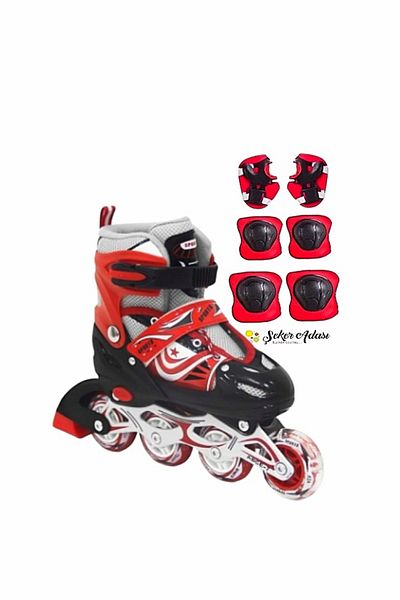 Şeker Adası Red Children's Skate Lighted Silicone Adjustable Wheel Metal Body with Numbers and Protection Set