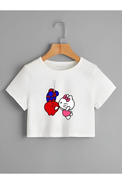 weywot Beyaz Spiderman& Hello Kitty Desen Baskılı Yazlık Kadın Crop Tişört Body