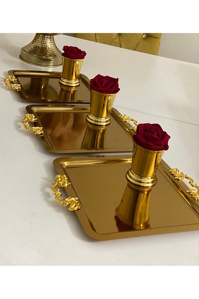 Elzemm store TWO MODEL GOLD SQUARE TRAY AND GOLD ROSE BUCKET 3 PIECES INCLUDING ROSES