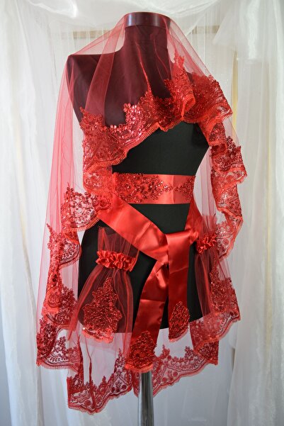 extrasepetim Güpürlü Tel Kırma Kırmızı Gelin Duvak Kuşak Eldiven Tam Set Kına...