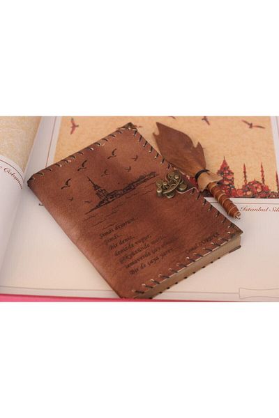 zarif atölye Genuine Handmade Leather Notebook with Istanbul Maiden's Tower Detail