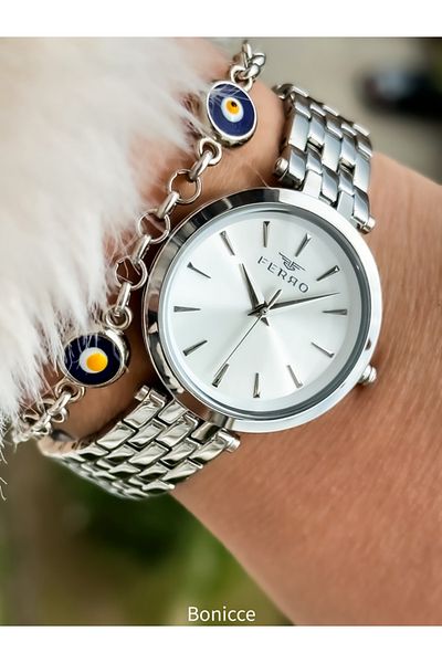 FERRO Women's Wristwatch - Silver Color, Steel Cord, Evil Eye Beaded Bracelet