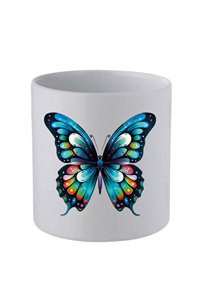 lili hediyelik Blue Butterfly Printed Handleless Mug Cup - Gift Coffee Cup, W...