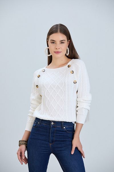 hanope Pulover alb de tricotaje de damă, tricot de păr, cu model, cu nasturi