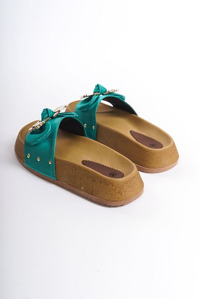 Joy Woman CARMEN Thick and Orthopedic Sole Satin Women's Slippers with Teddy Bear KT Green