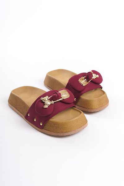 Joy Woman Papuci de damă din satin cu talpă groasă și ortopedică CARMEN cu ursuleț KT Claret Red
