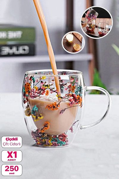 Madamev Double Walled Floral Cup 250ml Coffee Tea Cup Handmade Borosilicate Glass Cup with Handle