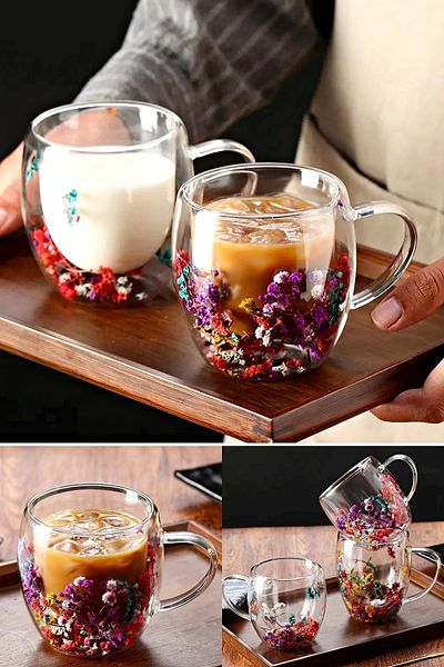 Madamev Double Walled Floral Cup 250ml Coffee Tea Cup Handmade Borosilicate Glass Cup with Handle