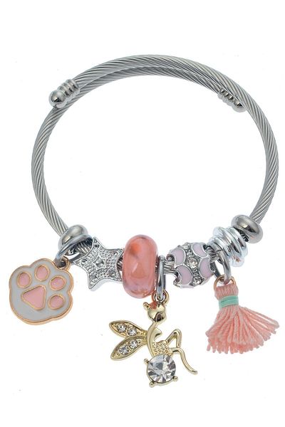 Pelin Aksesuar Pink Winged Girl Paw Figured Charm Bracelet