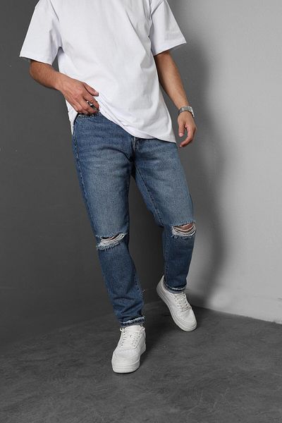 Slatra Men's Blue Knee Ripped Boyfriend Molded Jeans