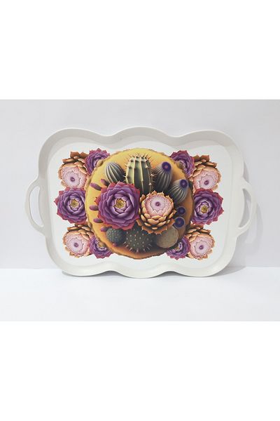 renkli çiçekler Tea Tray Oval Edged Rectangular Patterned Plastic Tea Tray 38x29 CM