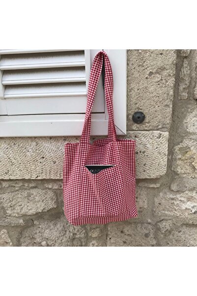 Sumicorn Design Kırmızı Pötikareli Çevre Dostu Bez Çanta,cepli Keten Kol Ve Omuz Çantası,unisex Alışveriş Çantası