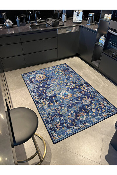 Rugs Modern Halı Floral Çiiçekli Mavi Renkli Dokuma Taban ve Dekoratif Halı m...