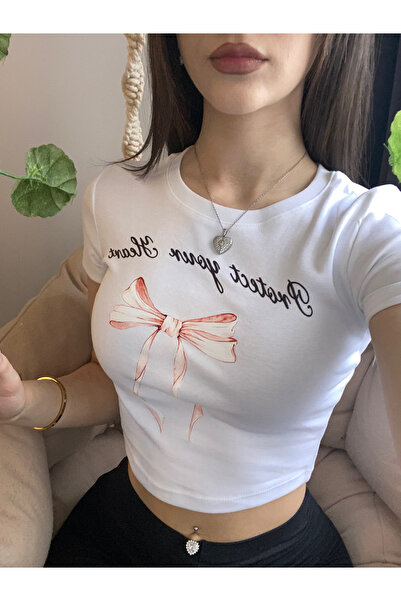 Violon Beyaz Protect Your Heart Yazılı Kurdele Model Crop Body
