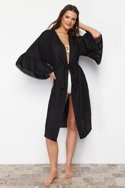 Trendyol Collection Schwarzer gewebter Mini-Kimono und Kaftan mit Gürtel TBESS24KM00040