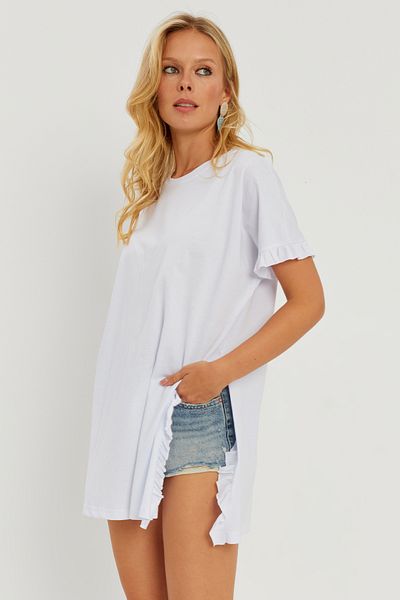 Cool & Sexy Women's White Ruffle Long T-Shirt DY2986