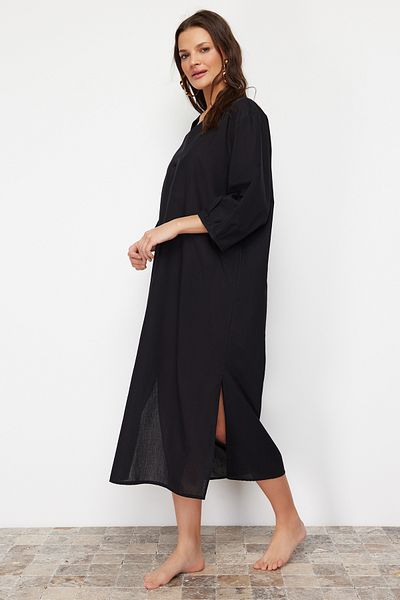 Trendyol Collection Černé široké tkané 100% bavlněné midi plážové šaty TBESS22EL0009