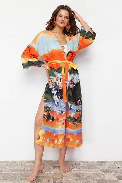 Trendyol Collection Landscape Patterned Belted Maxi Woven Kimono&Kaftan TBESS24KM00046