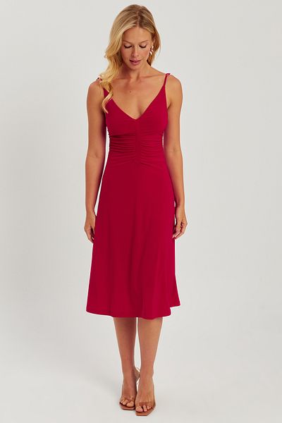 Cool & Sexy Women's Red Gathered Front Midi Dress HO046
