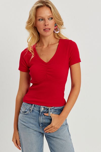 Cool & Sexy Dámská červená halenka s předním výstřihem do V AYD309