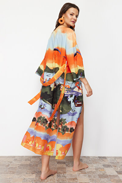 Trendyol Collection Landscape Patterned Belted Maxi Woven Kimono&Kaftan TBESS24KM00046