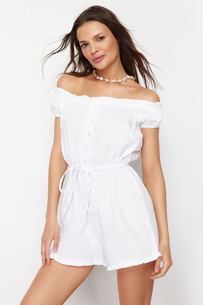 Trendyol Collection Weißer Overall aus gewebtem Musselin aus 100 % Baumwolle TBESS24TU00001