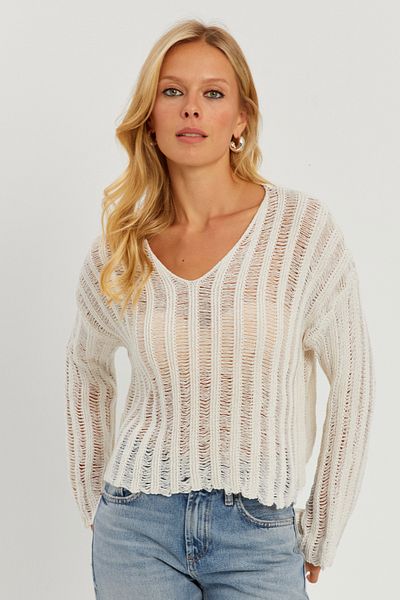 Cool & Sexy Women's Ecru V-Neck Openwork Knitwear Blouse YV233