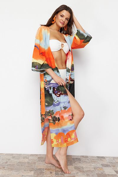 Trendyol Collection Landscape Patterned Belted Maxi Woven Kimono&Kaftan TBESS24KM00046