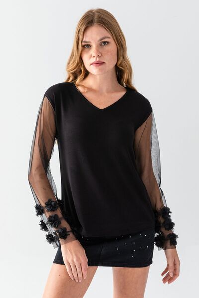 EtkiModa Bluză de damă neagră cu decolteu în V, glezne, cu mâneci transparent...