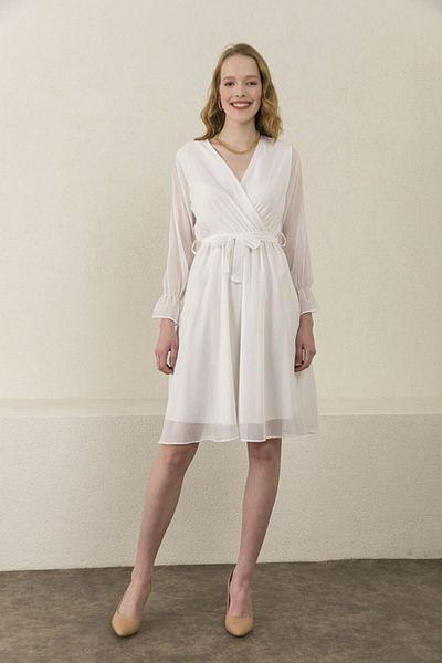 zks grup tekstil White Double Breasted Collar Short Lined Plus Size Chiffon Dress